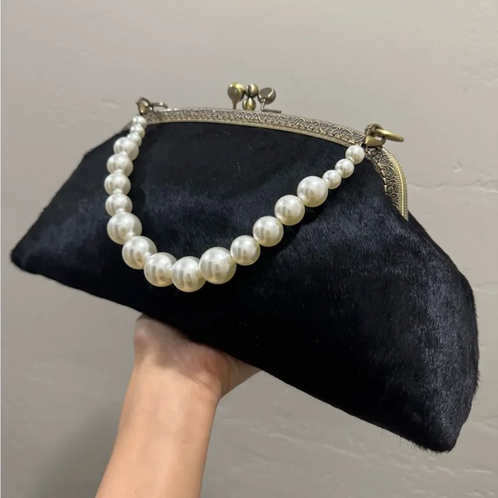 Black Real Hair-on-horsehide Handsewn Double Kiss-lock Clutch Bag/Crossbody